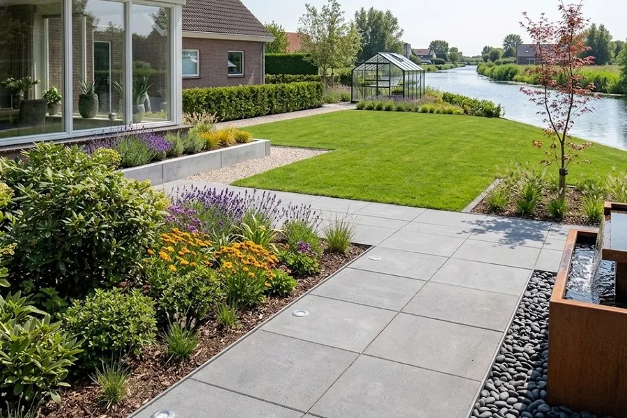 Na: volledig heraangelegde tuin met nieuw terras, gazon en border