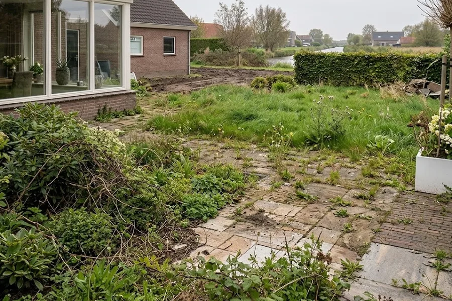 Voor: verwaarloosde tuin met overwoekerd gazon en oude, verzakte bestrating