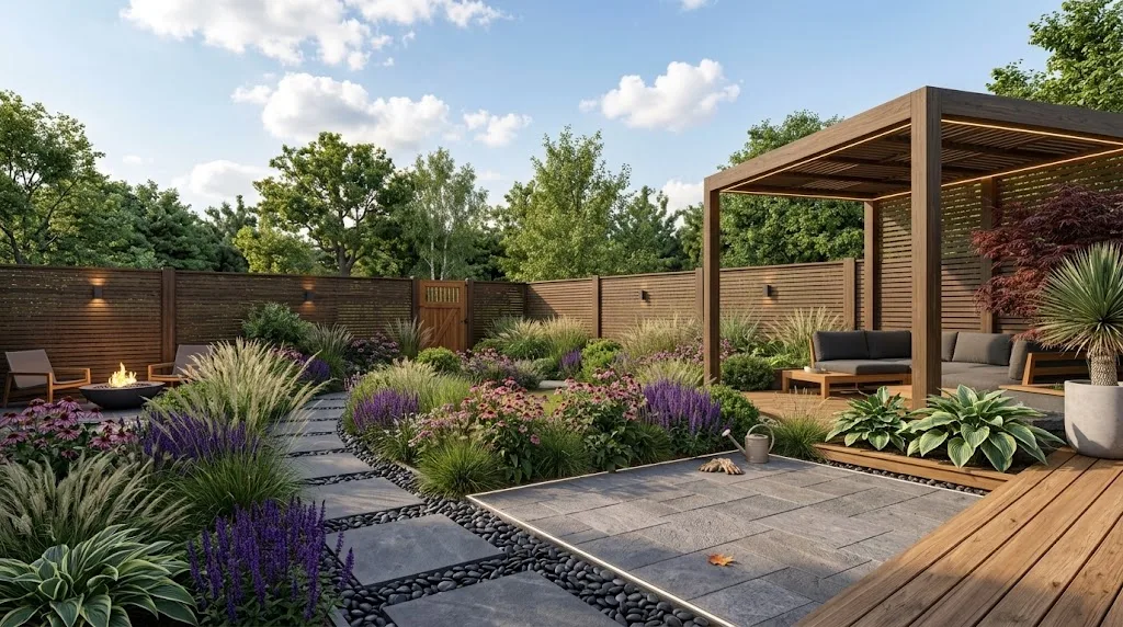 Aangelegde tuin met sierbestrating, borders vol beplanting en een lounge onder een pergola